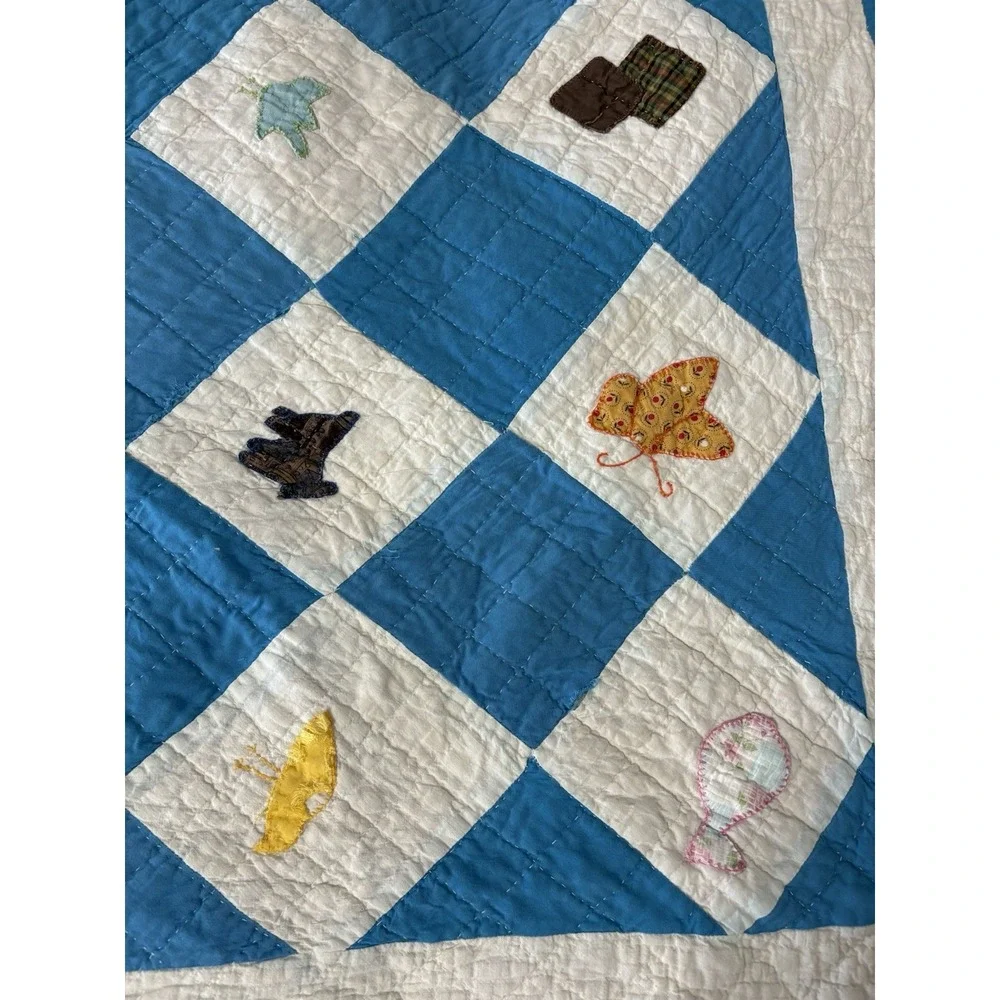 Antique Cotton Patchwork Quilt Blue White Handmade Square Blocks 48